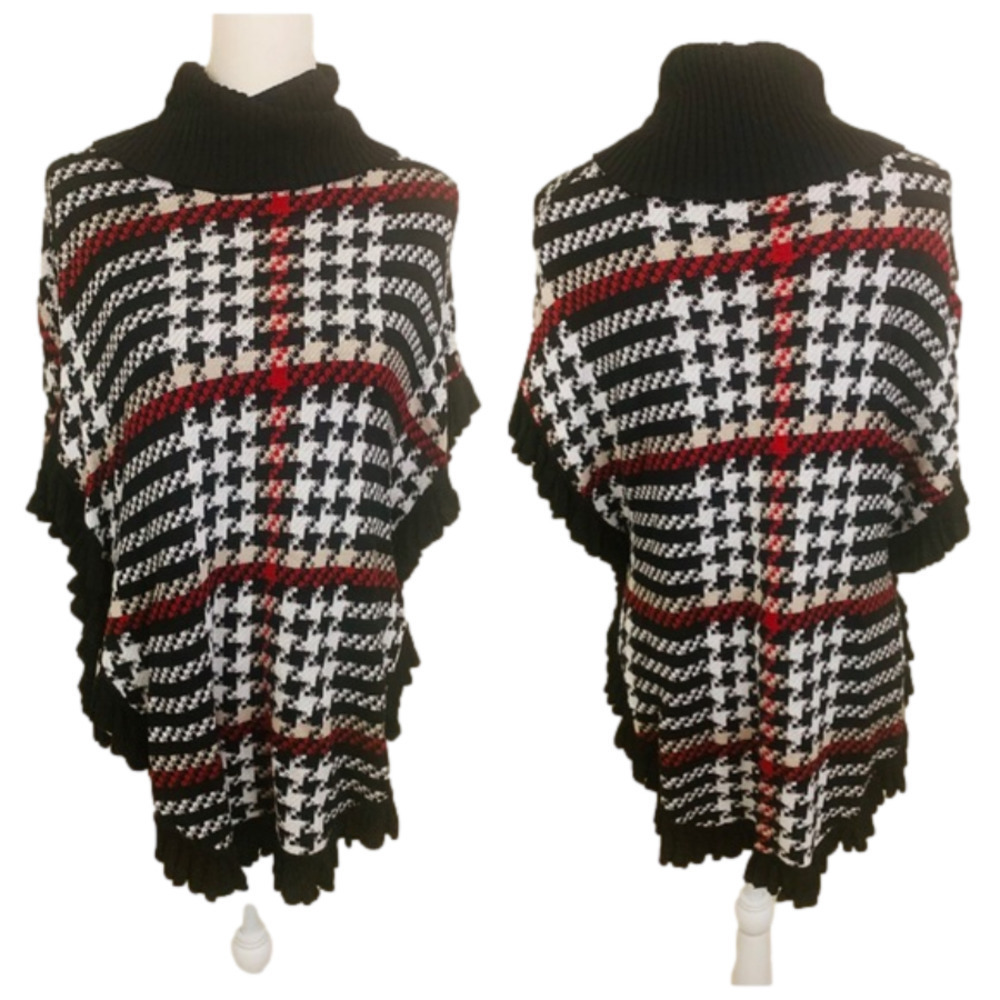 Joseph A Plaid Houndstooth Ruffle Hem Poncho Size M